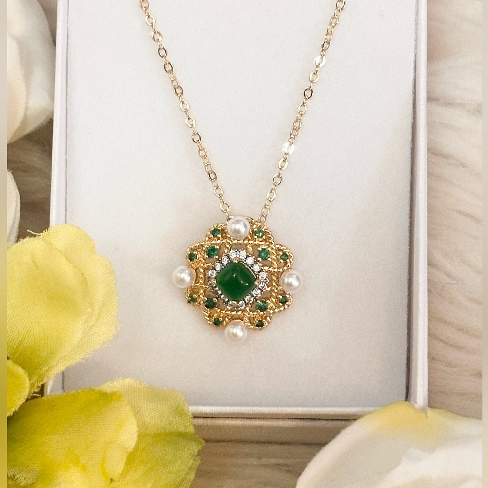 Pearls Micro Pave Diamonds and Emerald Gemstone Gold Pendant Necklace NEW!